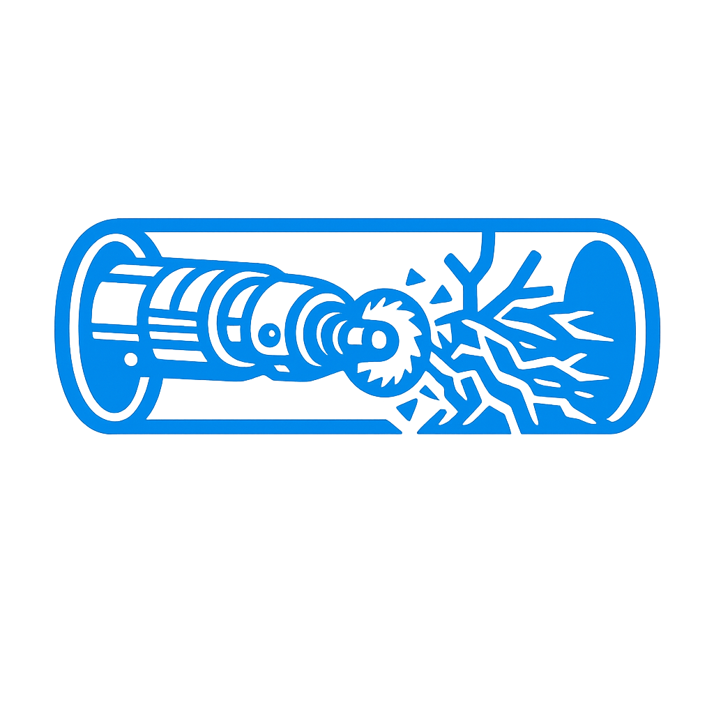 A cartoon-like illustration of a lawnmower chopping through grass, depicted with a blue outline on a black background.