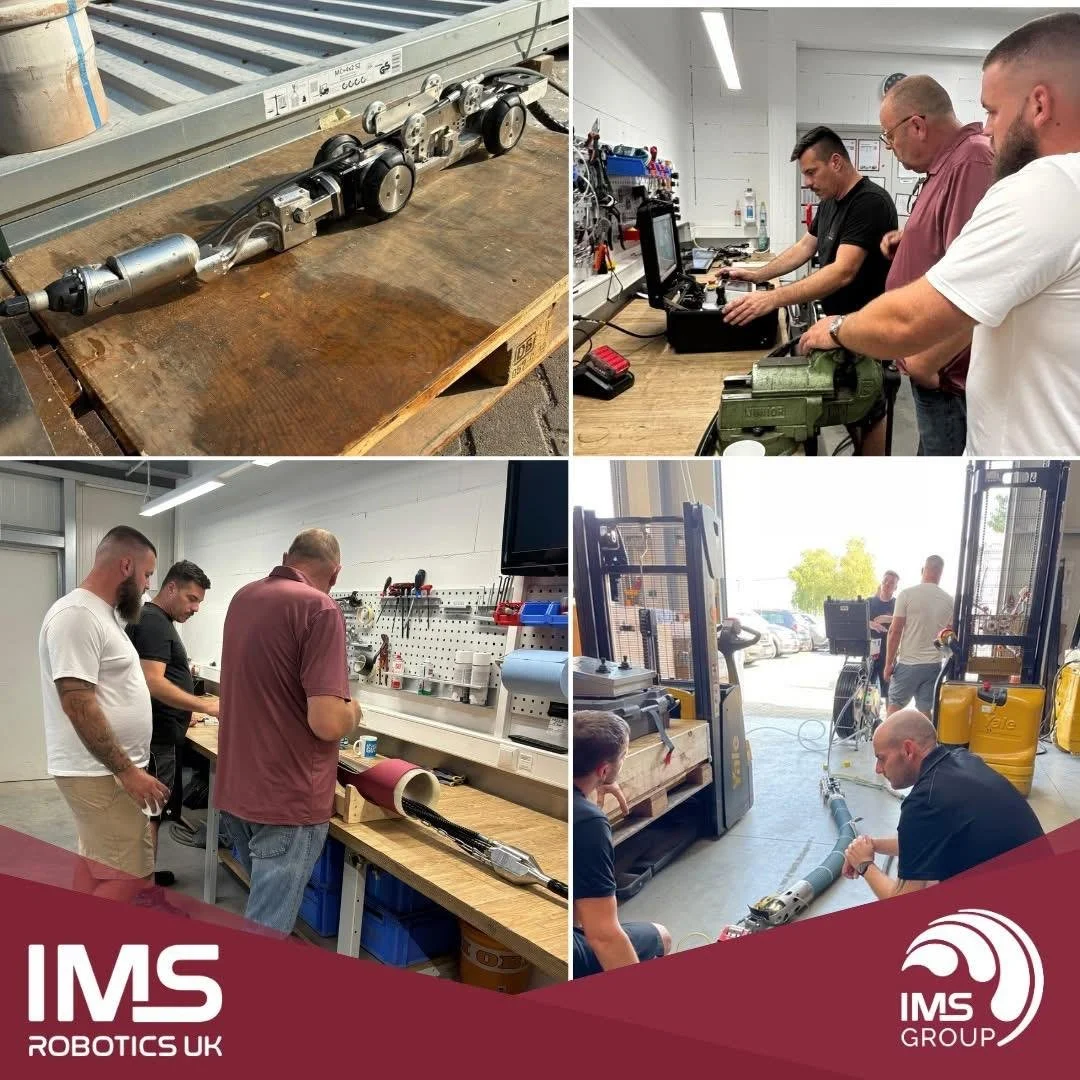 A collage of four images showing people working in a robotics or engineering workshop. The first image depicts a metallic robotic arm or component on a wooden workbench. The second image shows three men working at a workbench with tools and a computer. The third image features three men examining a large cylindrical object on a workbench. The fourth image shows two men outside, assembling or inspecting a long mechanical part near forklift trucks.