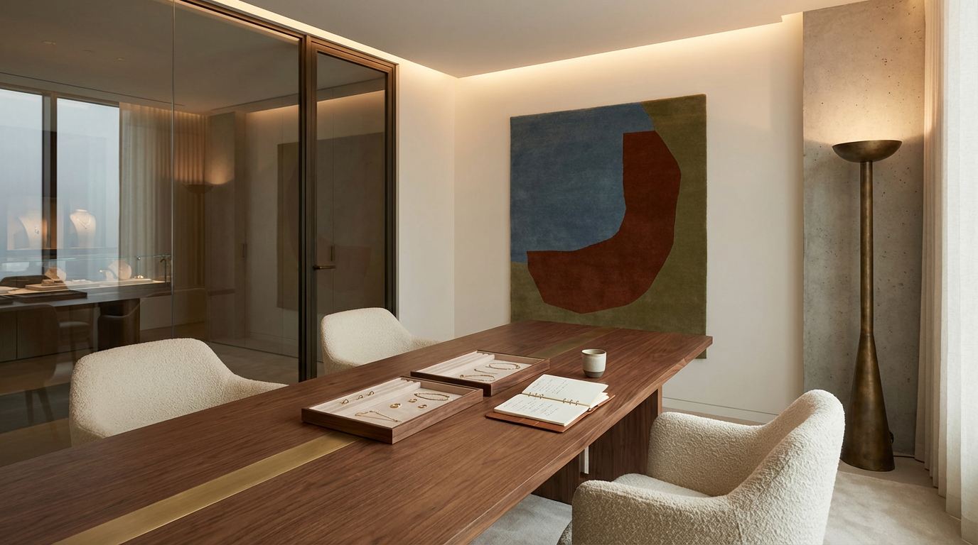 A modern dining room with a wooden table, cream upholstered chairs, a large abstract art piece on the wall, a tall floor lamp, and a glass wall room divider.