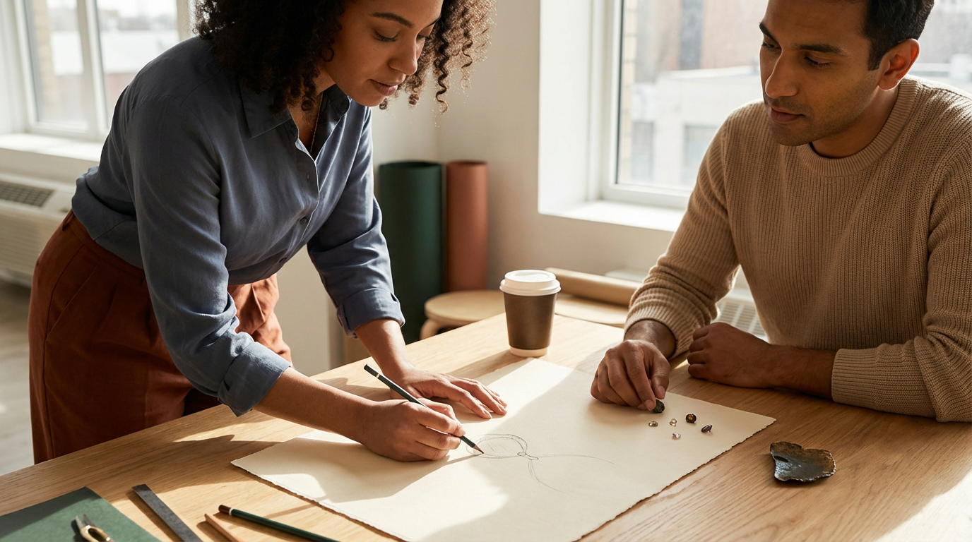 A woman sketches jewelry designs on paper at a table, while a man observes. There are various jewelry pieces and stones on the table, with a coffee cup nearby.