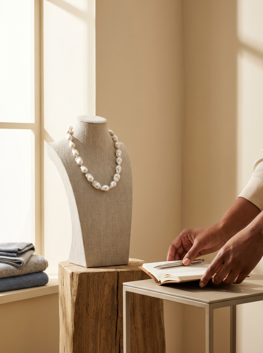 A jewelry display mannequin with a pearl necklace, a person’s hands opening a notebook with a pen, and folded clothes on a windowsill.