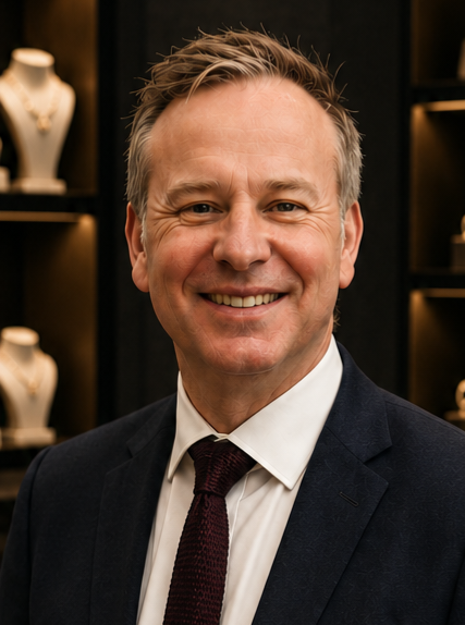 Portrait of a smiling middle-aged man with blonde hair in a suit and tie, standing in front of a jewelry display with necklaces.