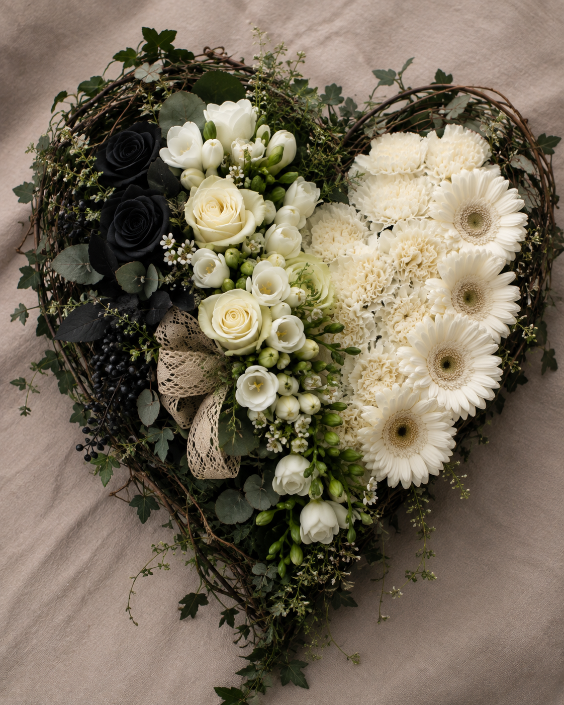 Heart-shaped floral arrangement with white roses, black roses, white gerbera daisies, white carnations, and green foliage.