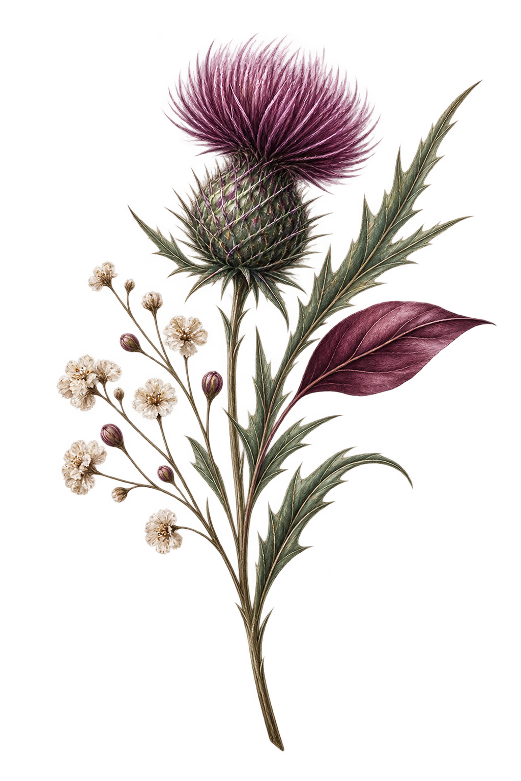 Illustration of a herbal botanical arrangement with a purple thistle flower, leafy stems, and small white flowers.