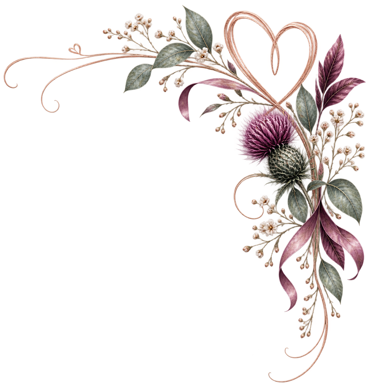 Decorative floral arrangement with purple globe thistles, white baby's breath, green and purple leaves, and pink ribbon forming a heart shape on a red gradient background.