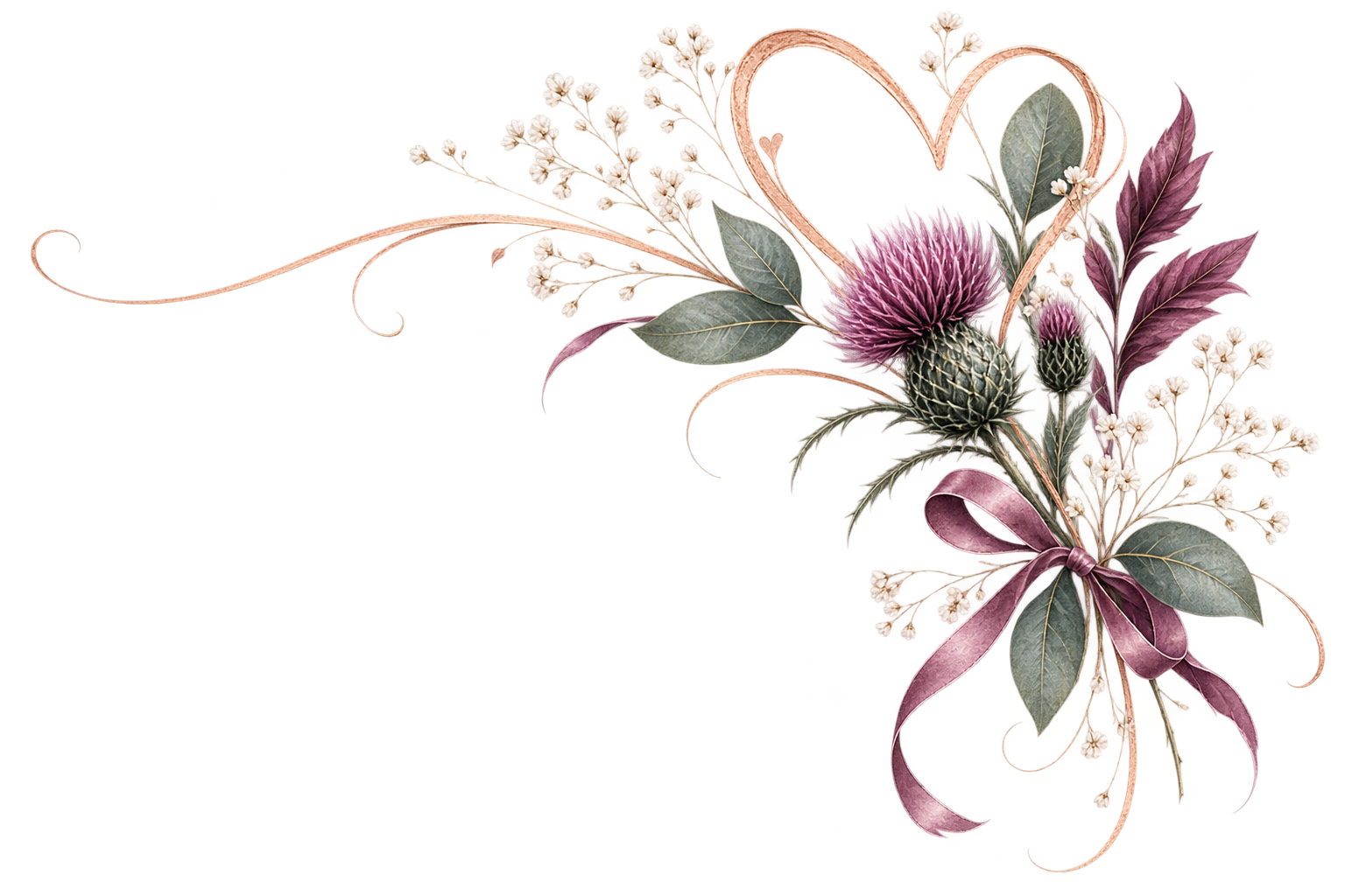 A decorative floral arrangement featuring a purple thistle, pinkish-purple leaves, small white flowers, and a pink ribbon tied in a bow.