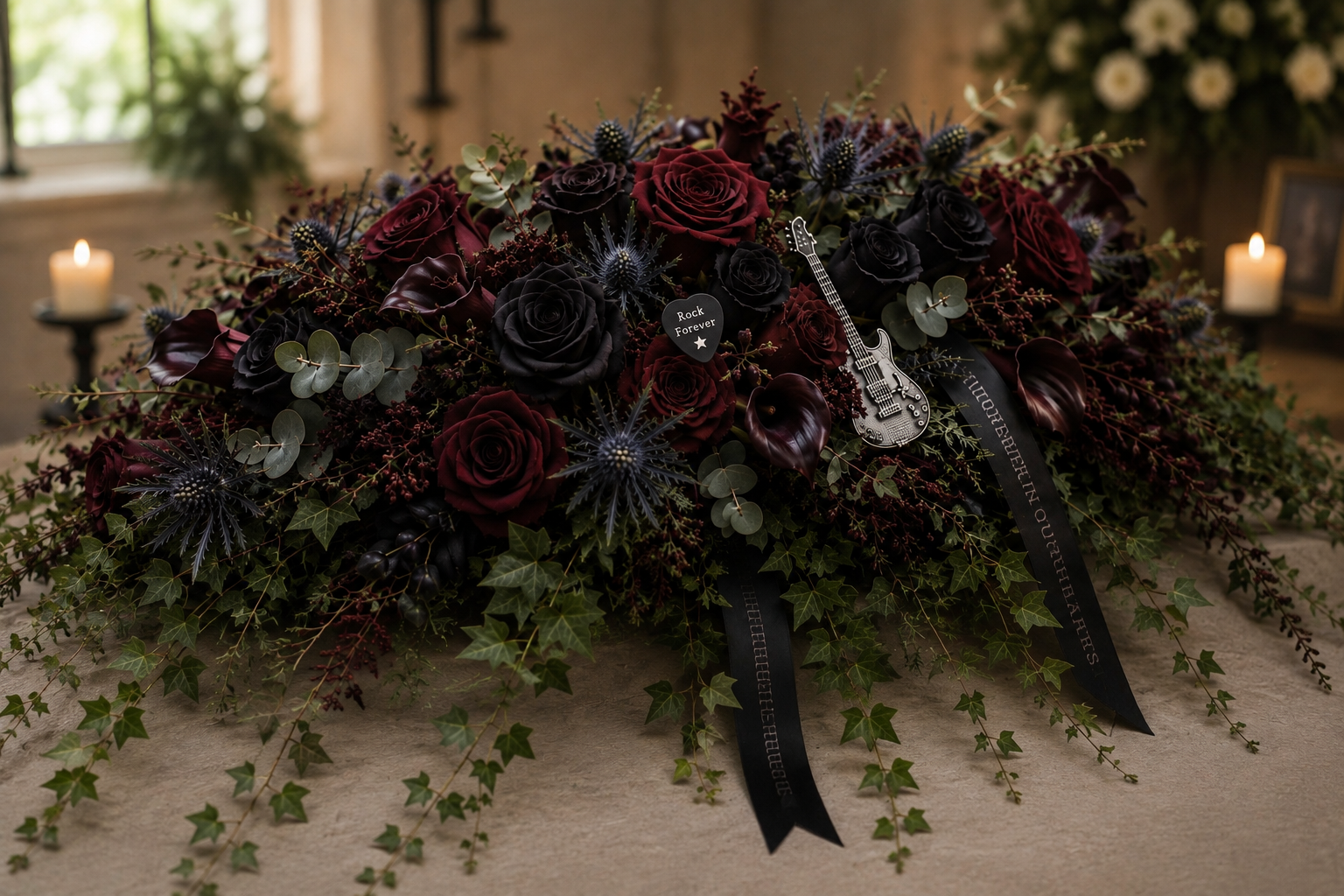 A floral arrangement with red and black roses, green ivy leaves, and blue thistle flowers on a table, with candles and a guitar-shaped ornament in the background.