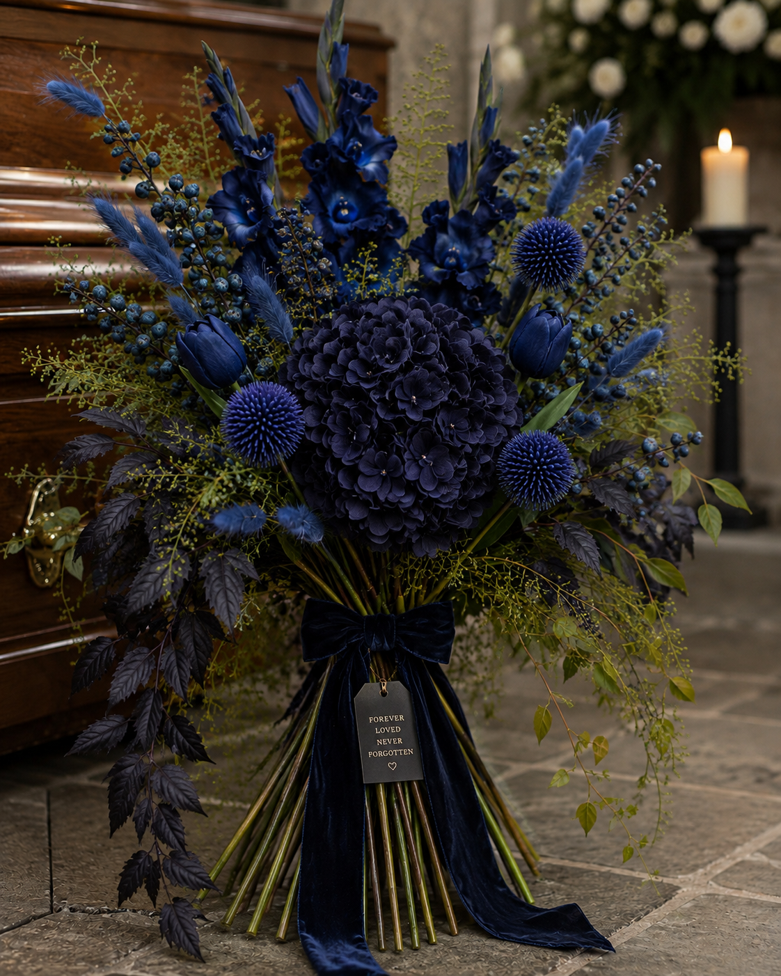 A large floral arrangement with dark blue and purple flowers, including hydrangeas, tulips, and round globe thistles, tied with a dark blue ribbon and a small black tag reading "Forever Loved Never Forgotten" in front of a wooden piano and a lit candle in the background.
