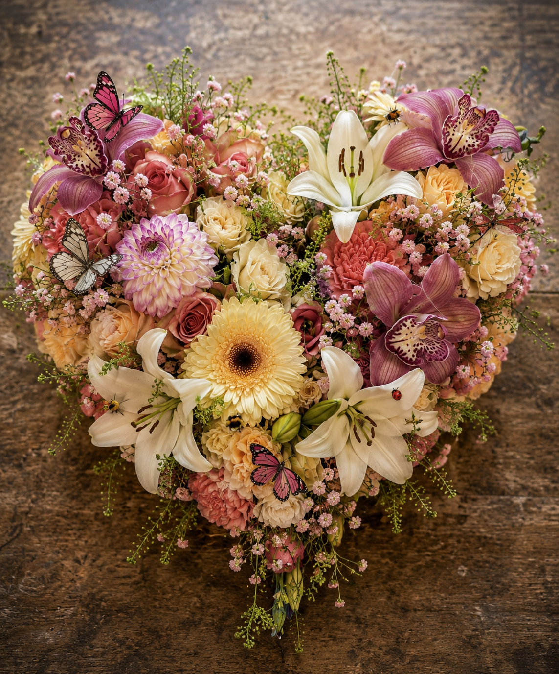 Heart-shaped arrangement of pink, white, cream, and purple flowers with butterflies and bees on a wooden surface.