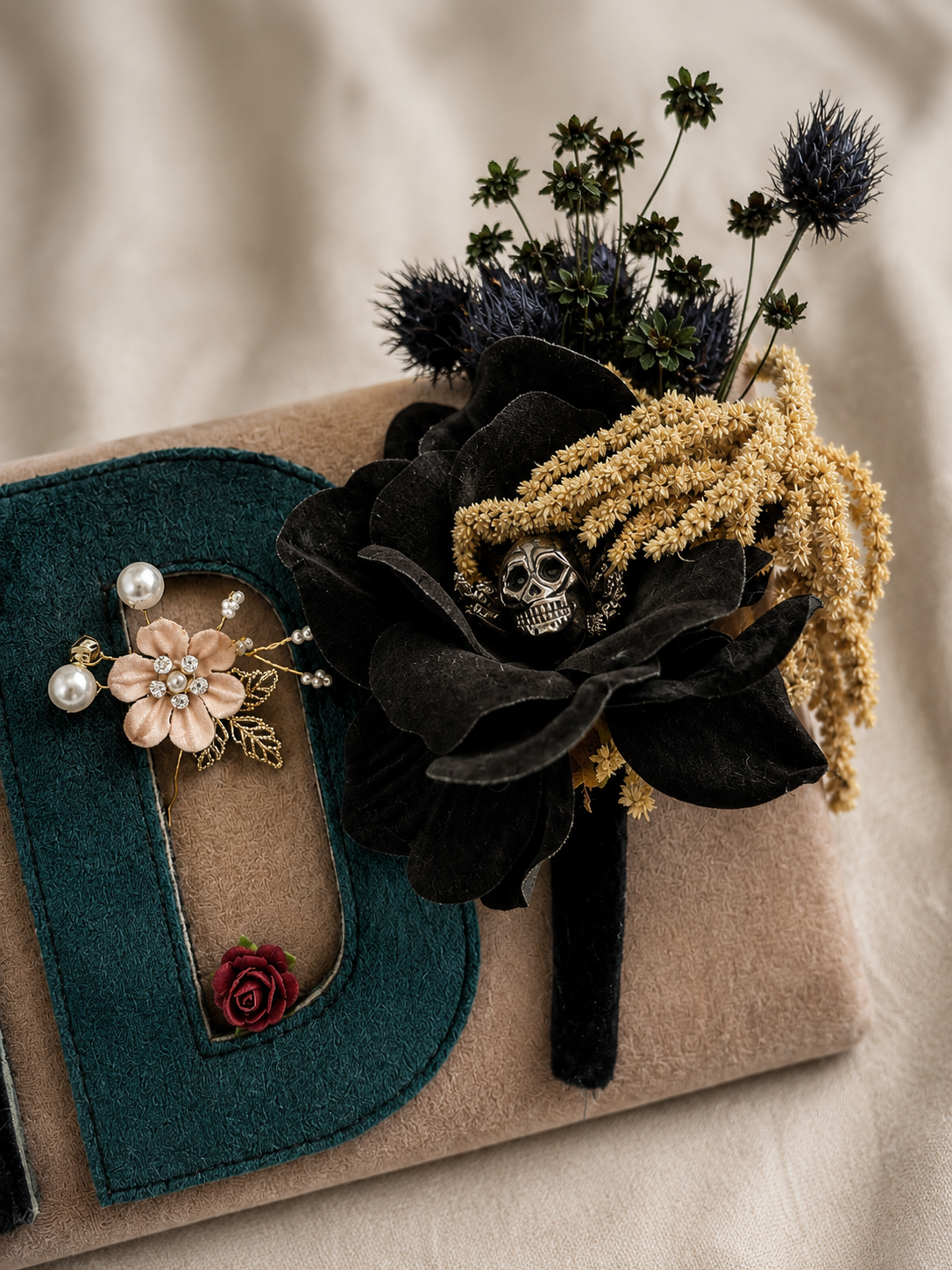 Decorative beige clutch purse with teal suede trim, adorned with a floral brooch and a black velvet flower with a silver skull embellishment, surrounded by dark purple thistle and beige dried flowers.