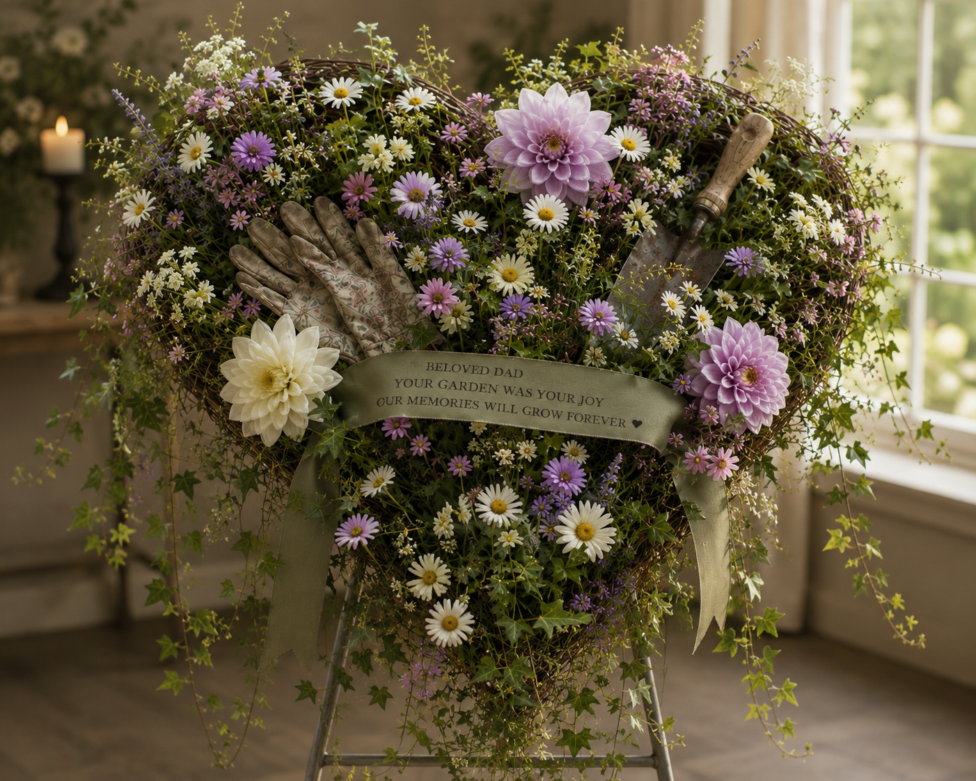A floral tribute with pink, white, and purple flowers, gardening gloves, and a trowel on a stand, with a ribbon that reads: "Beloved Dad, Your garden was your joy, our memories will grow forever."