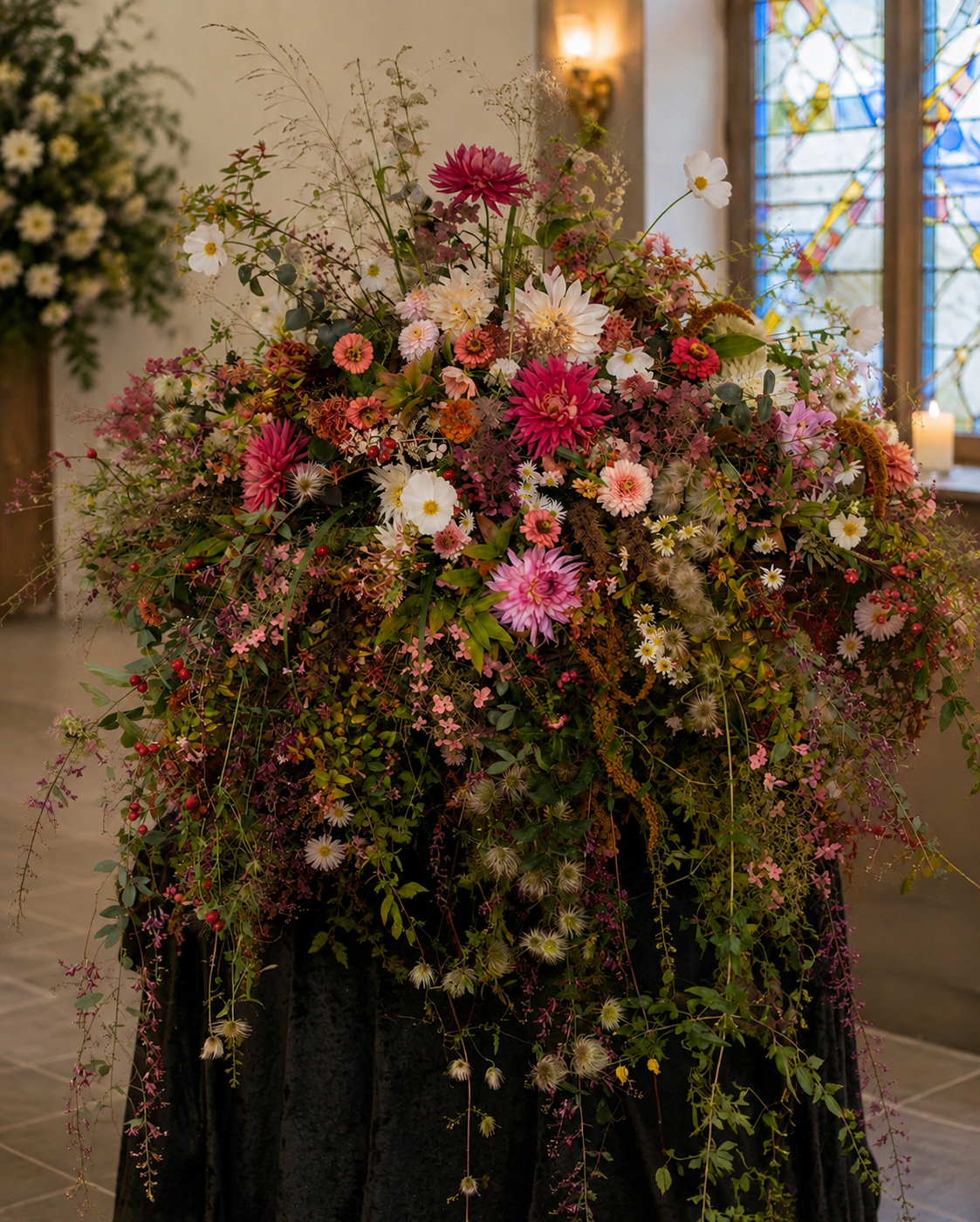 A large, colorful arrangement of various flowers including pink, white, and peach blooms inside a church or chapel with stained glass windows and lit candles in the background.