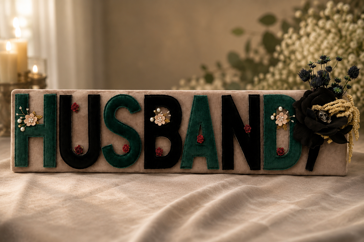 Decorative display spelling 'HUSBAND' with black and green letters adorned with small flowers and pearls, set against a soft beige backdrop with candles and floral arrangements in the background.