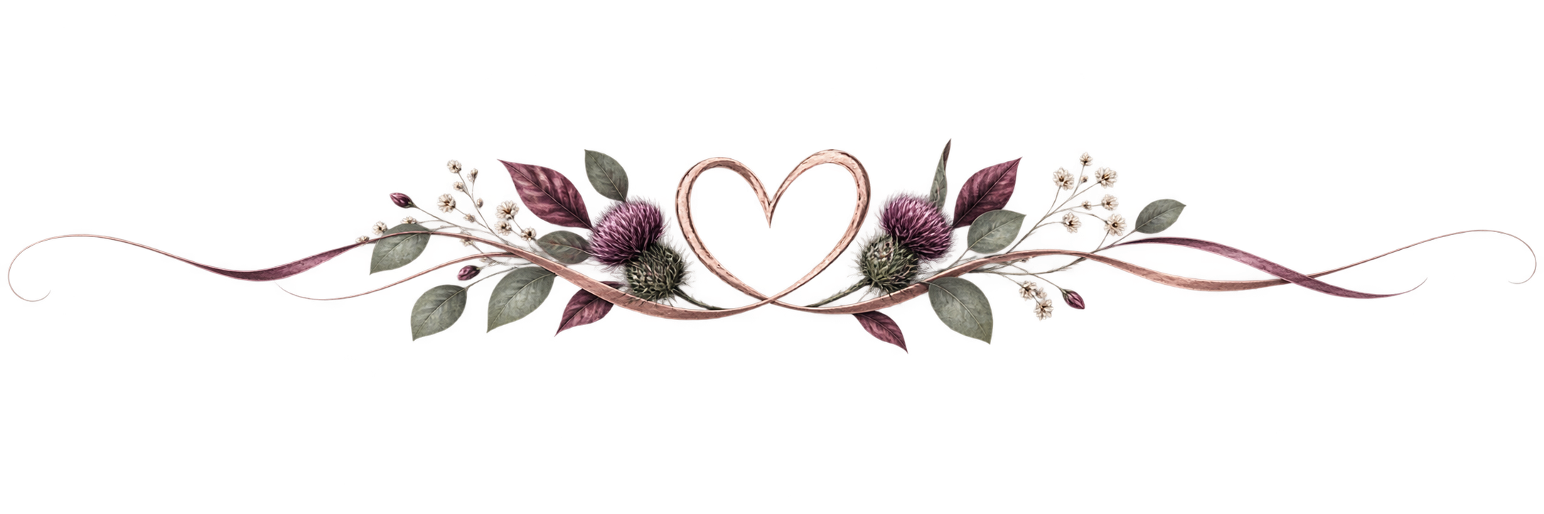 Decorative floral design with purple thistles, green and purple leaves, small white flowers, and a heart shape in the center.
