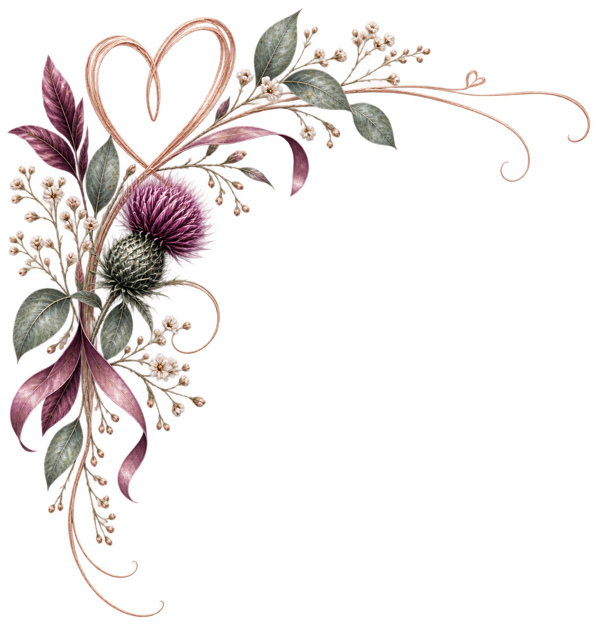 Decorative floral border with purple thistle flowers, green and purple leaves, small white flowers, and a hearts-shaped twig, on a red background.