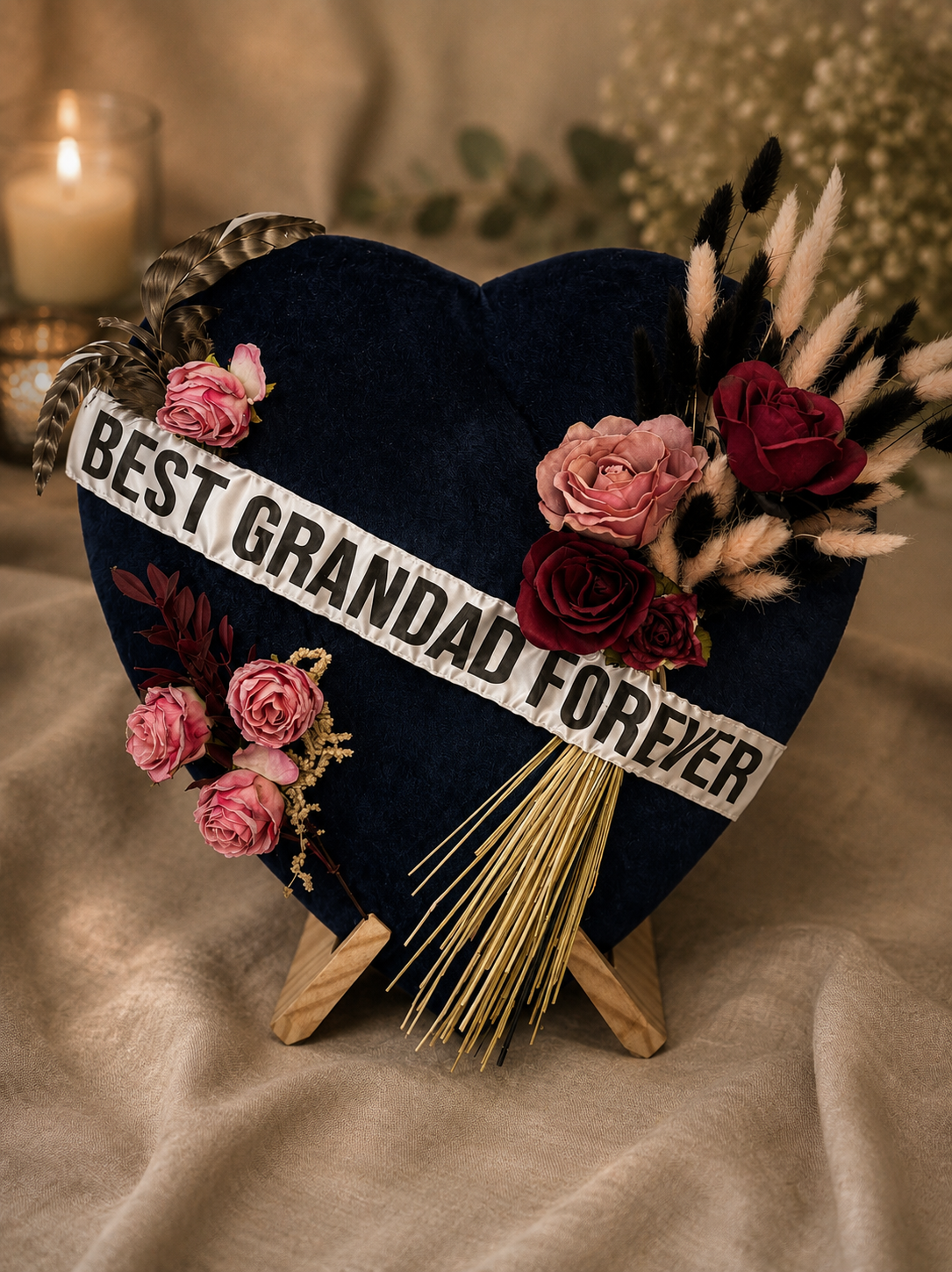 A navy blue heart-shaped pillow with a white ribbon that says 'Best Grandpa Forever,' decorated with pink and red roses, beige and black dried grasses, set on a beige fabric surface with a candle in the background.