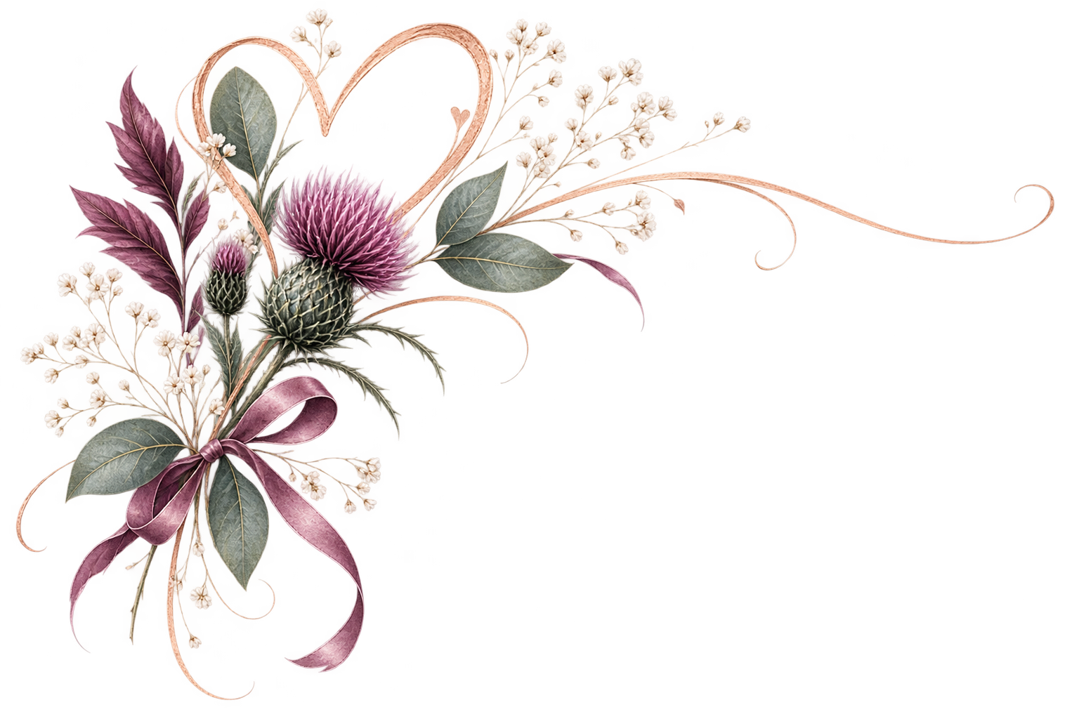 A floral arrangement featuring purple thistles, green and purple leaves, white baby's breath, and a pink ribbon tied in a bow, with a heart-shaped wire element.