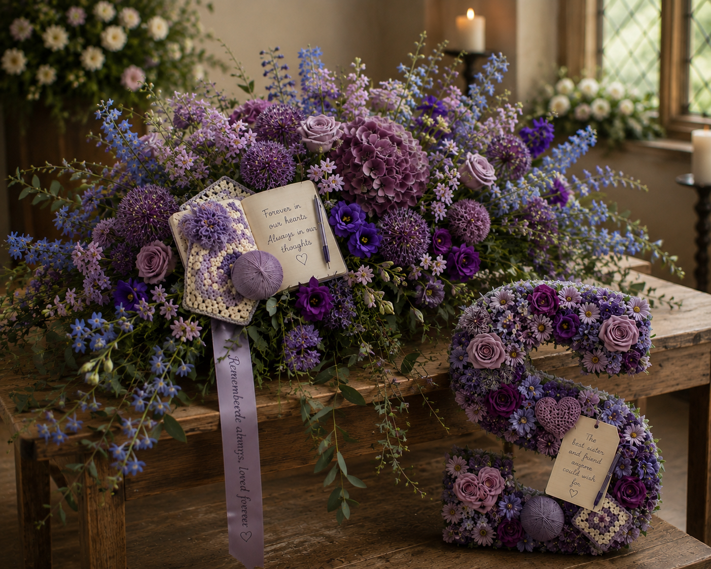 A wooden table with a large purple floral arrangement, two purple floral wreaths with roses, daisies, and other purple flowers, candles, and notes with messages for a memorial or funeral service.