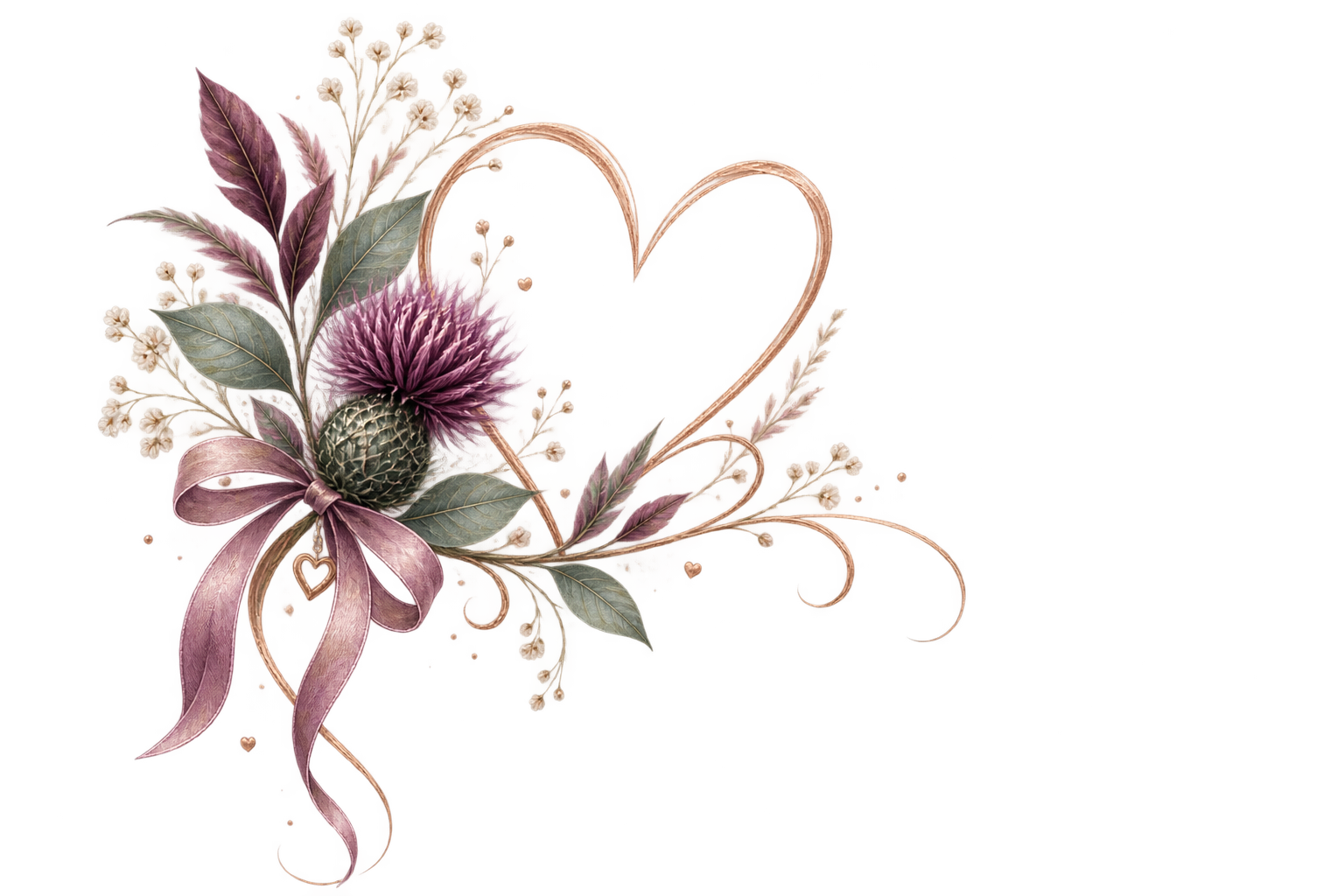 A digital illustration of a floral arrangement with purple and green leaves, a purple thistle flower, and a pink ribbon tied in a bow, with a heart-shaped swirl and small white and gold accents, on a blurred background.