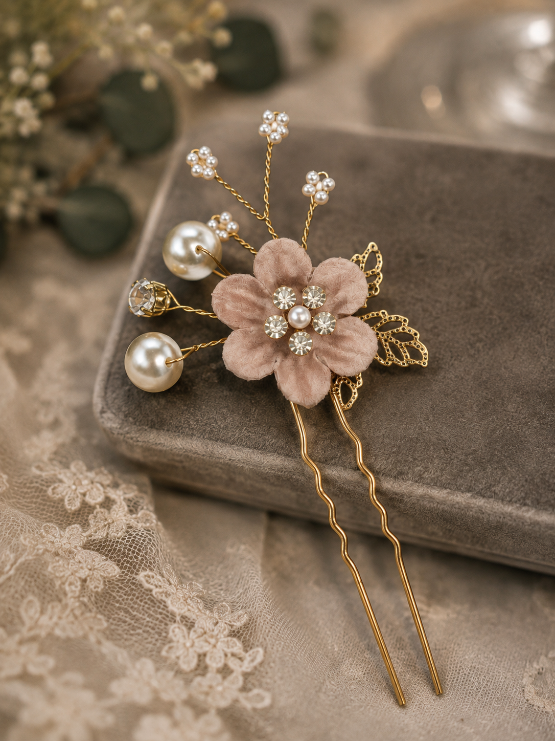 A decorative hairpin featuring a pink fabric flower, faux pearls, gold leaves, and pearl-studded wire accents, resting on a gray surface with lace fabric nearby.