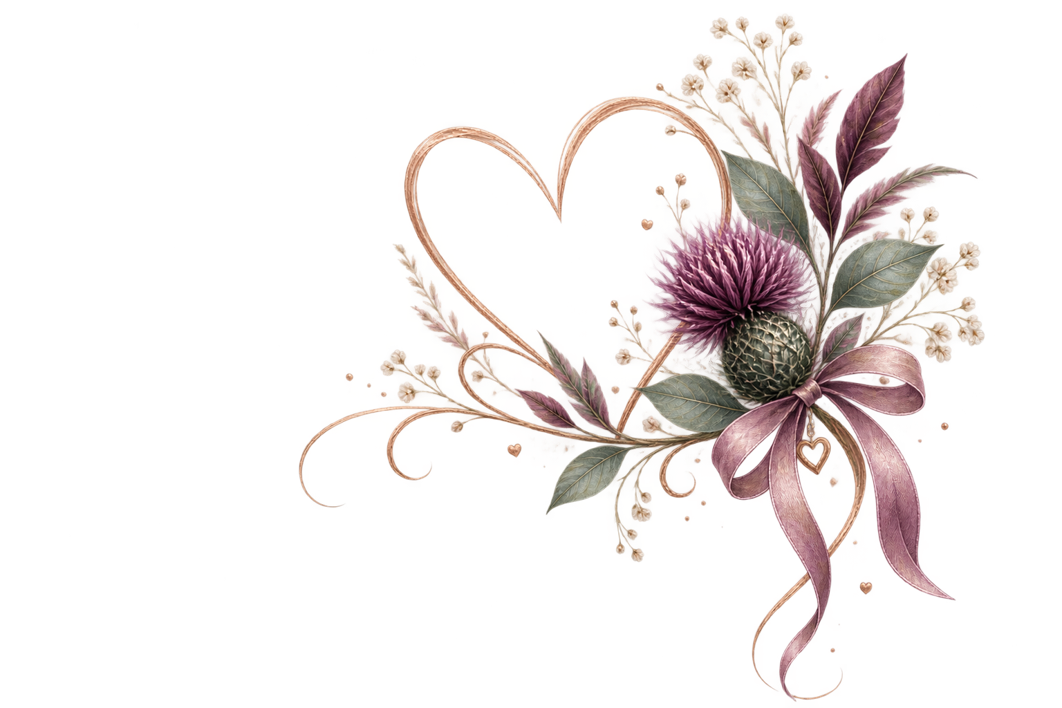 An arrangement of flowers, leaves, and a heart-shaped outline with a ribbon bow, set against a transparent background.