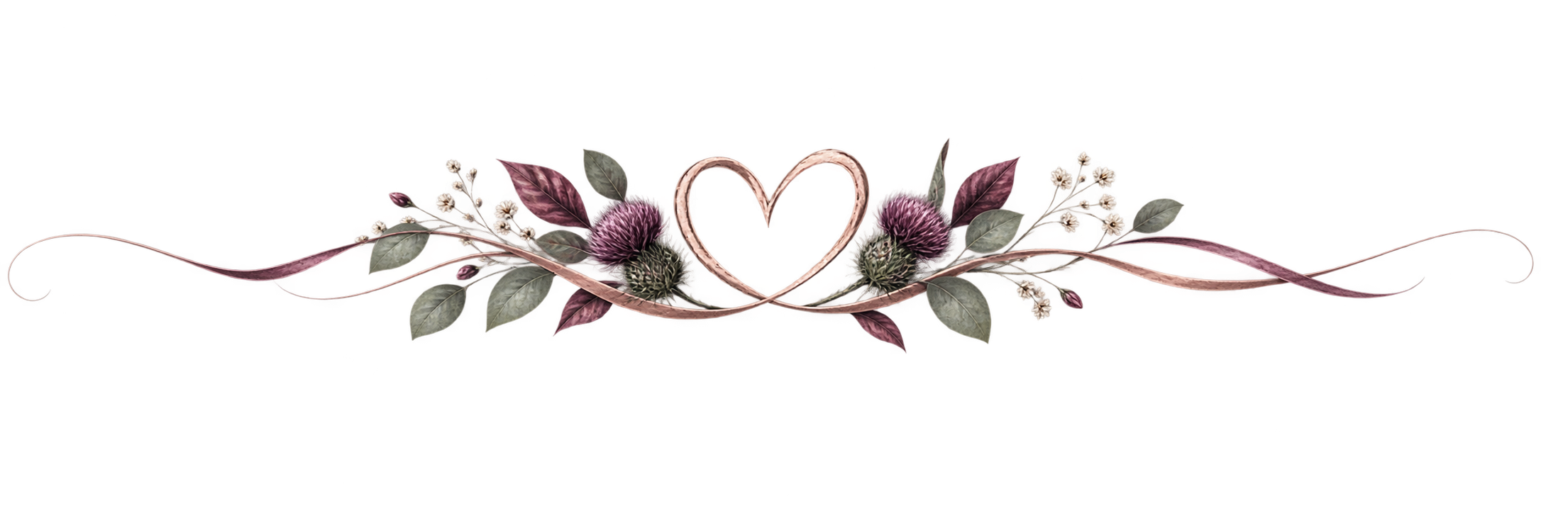Decorative floral design with purple, white, and green flowers, leaves, and an empty heart in the center.