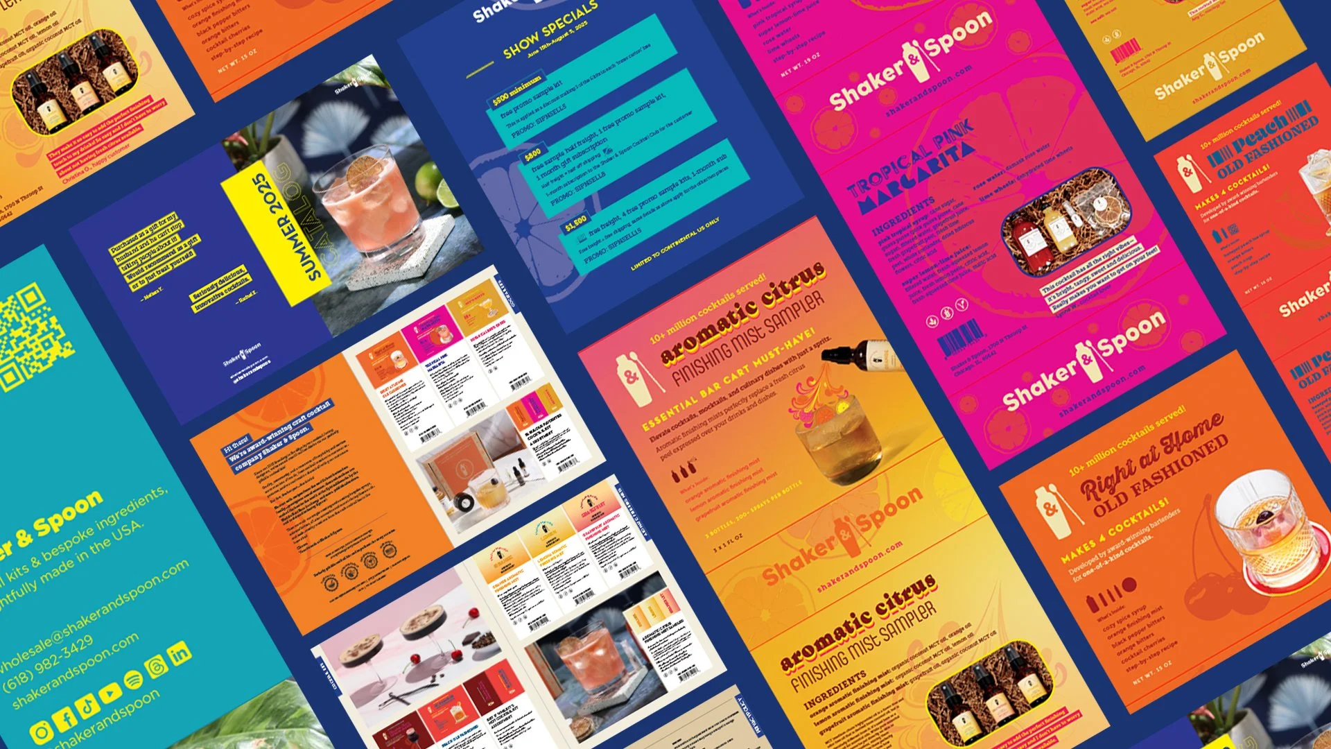 A collage of colorful drink menu flyers from shaker & spoon, featuring cocktail recipes, ingredients, and marketing information for beverage kits.