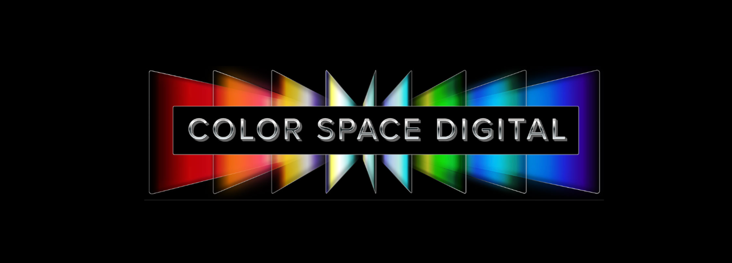 Digital graphic with the text 'Color Space Digital' over multicolored spectrum segments on a black background.