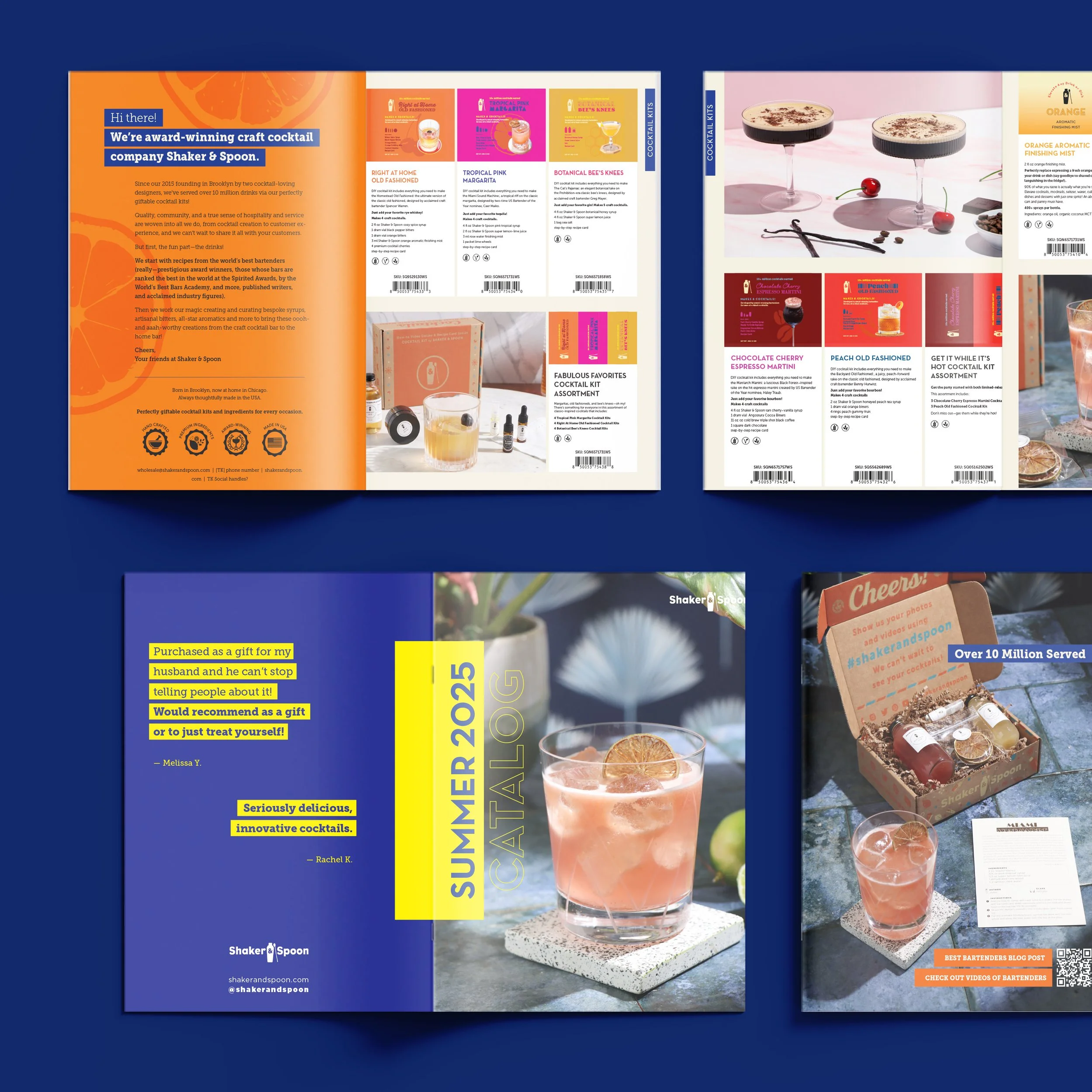 Pamphlet with colorful images of cocktails, including a tropical pink margarita, a botanical bee's knees, and an orange aromatic finishing mist, with text highlighting cocktail recipes, reviews, and tools from Shake & Spoon.
