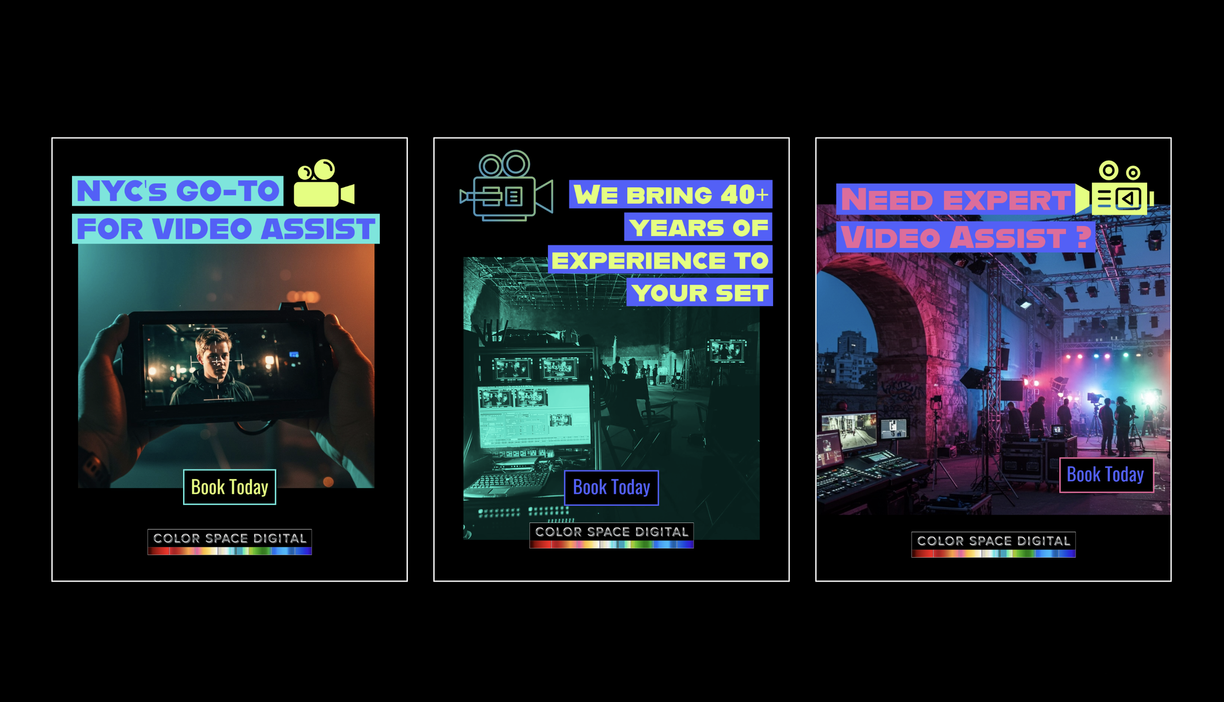 Three promotional posters for video assist services featuring colorful images of production environments, each with text advertising NYC video assist, experience, and booking options.