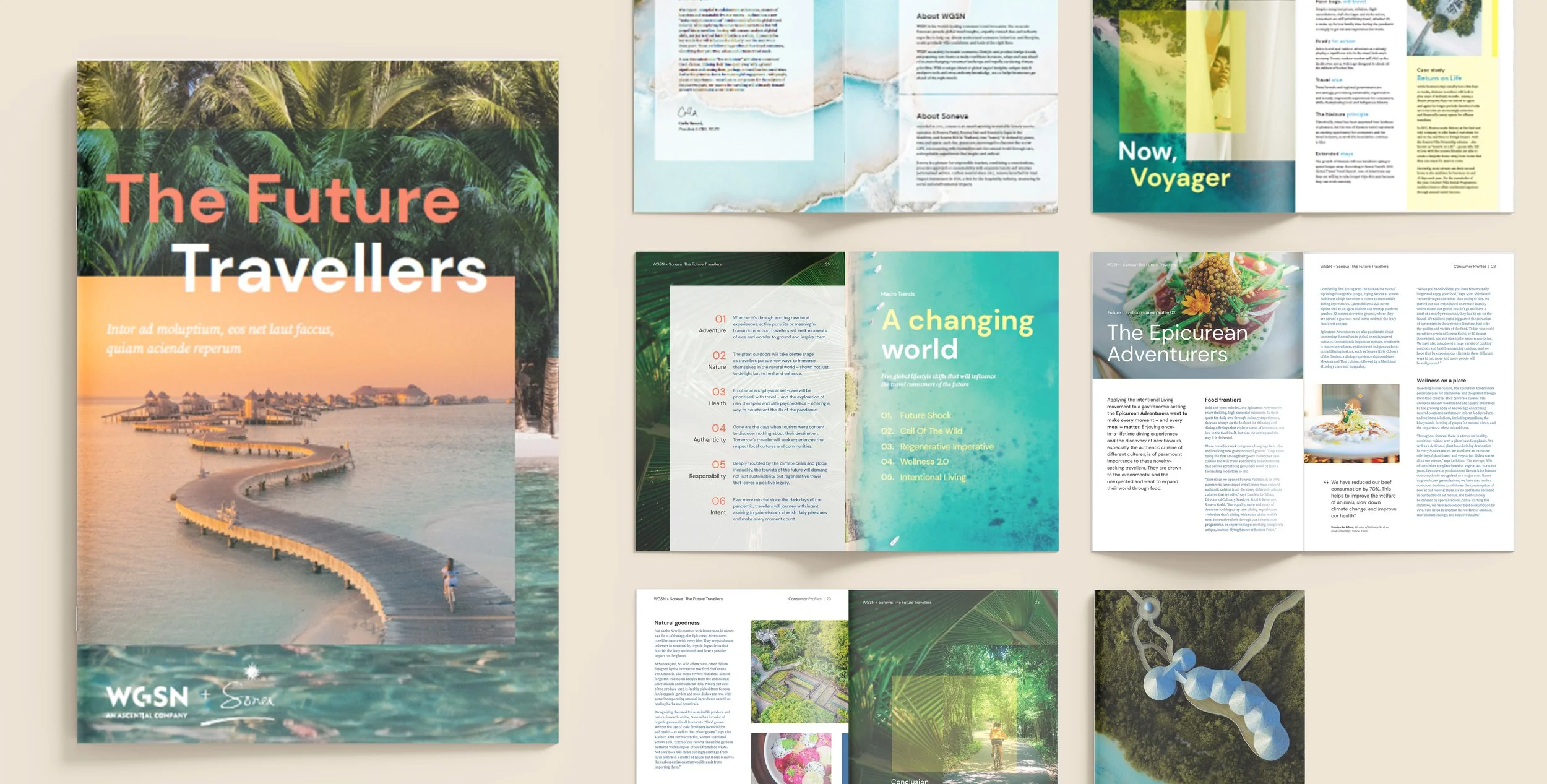 Cover page of a magazine titled "The Future Travelers" featuring a tropical beach with a pier extending into the ocean at sunset.