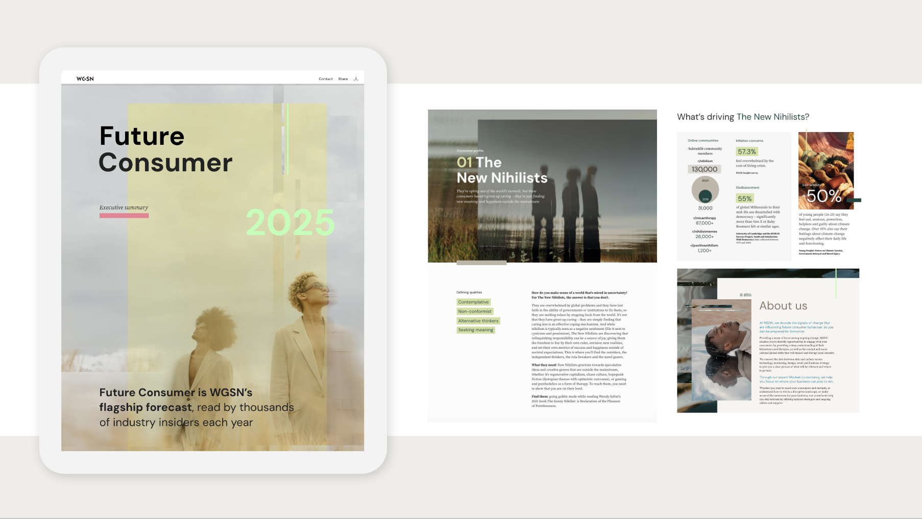A digital presentation titled 'Future Consumer 2025' with a photo of two women looking upwards, featuring a light, muted color palette and modern typography. The slide includes a brief description stating it is WGSN's flagship forecast.