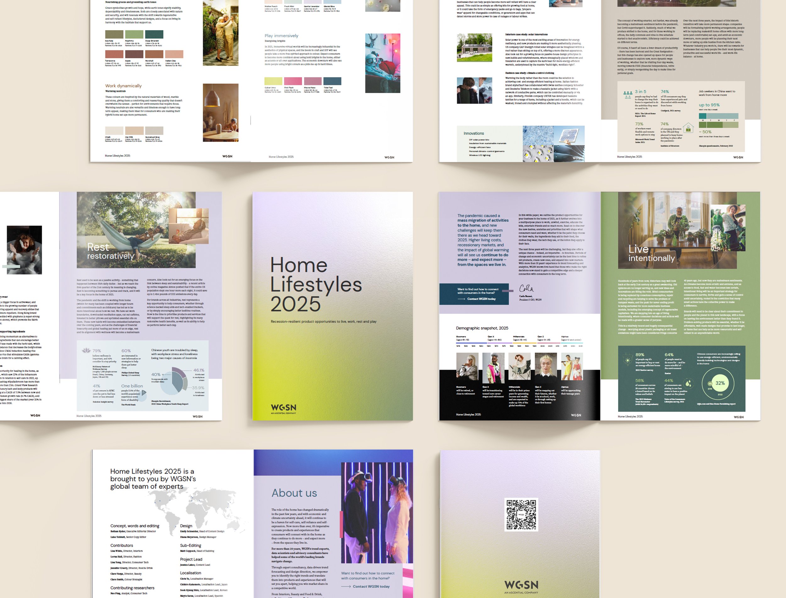 A collection of colorful magazine pages about home lifestyles in 2025, featuring articles, infographics, images of people, and design themes.