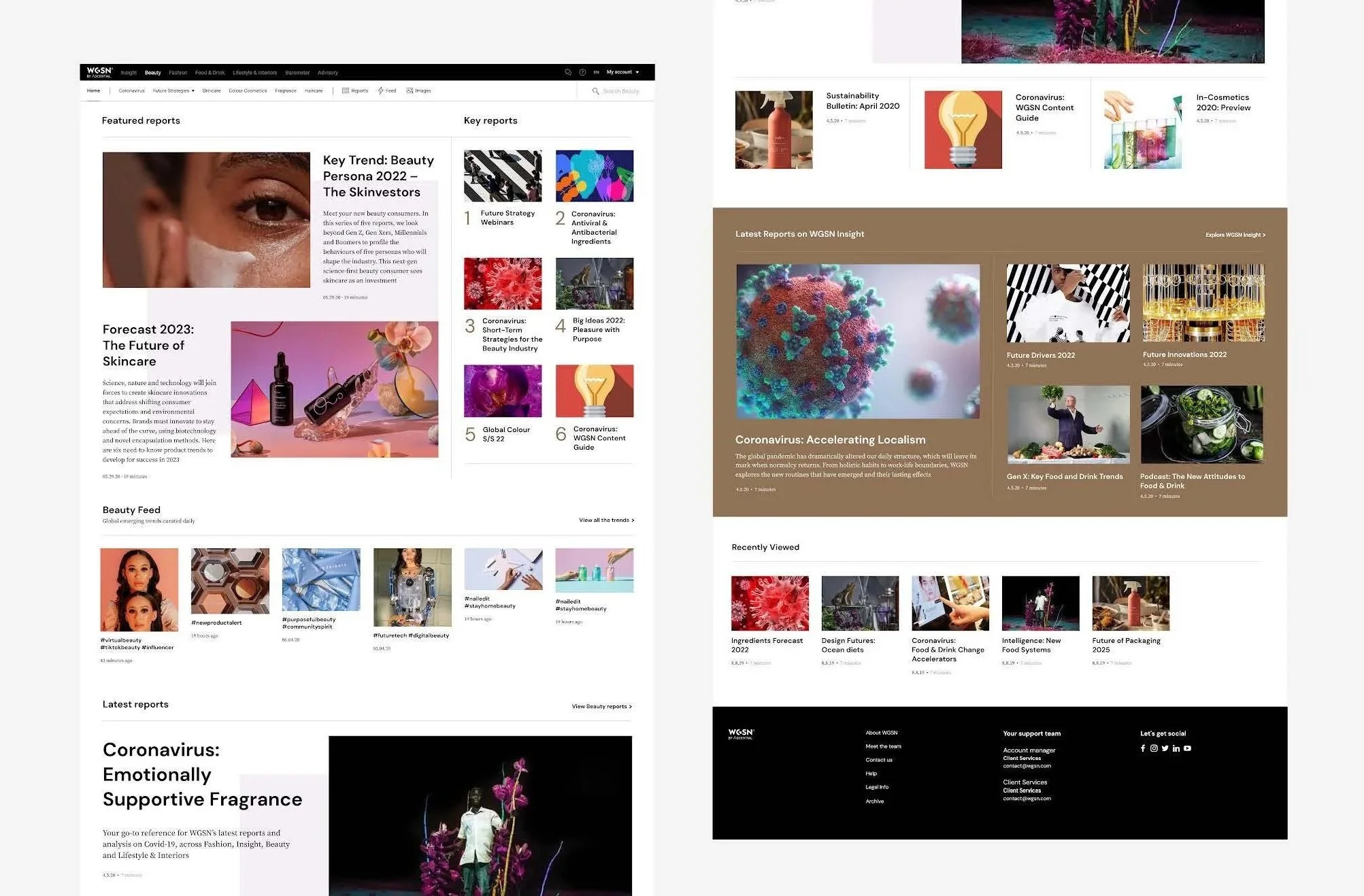 Screenshots of two webpage layouts from WGSN featuring reports and articles on beauty trends, skincare, COVID-19 impact, and innovation, with images of skincare products, cosmetics, and COVID-19 virus engaged in analysis and discussion.