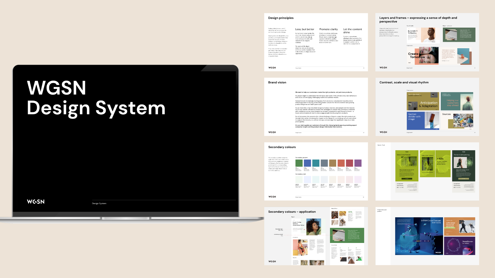 Open laptop displaying a presentation slide with the text 'WGSN Design System' in large white font on a black background. To the right, a set of documents or slides demonstrating design principles, color palettes, and visual examples for the WGSN brand.