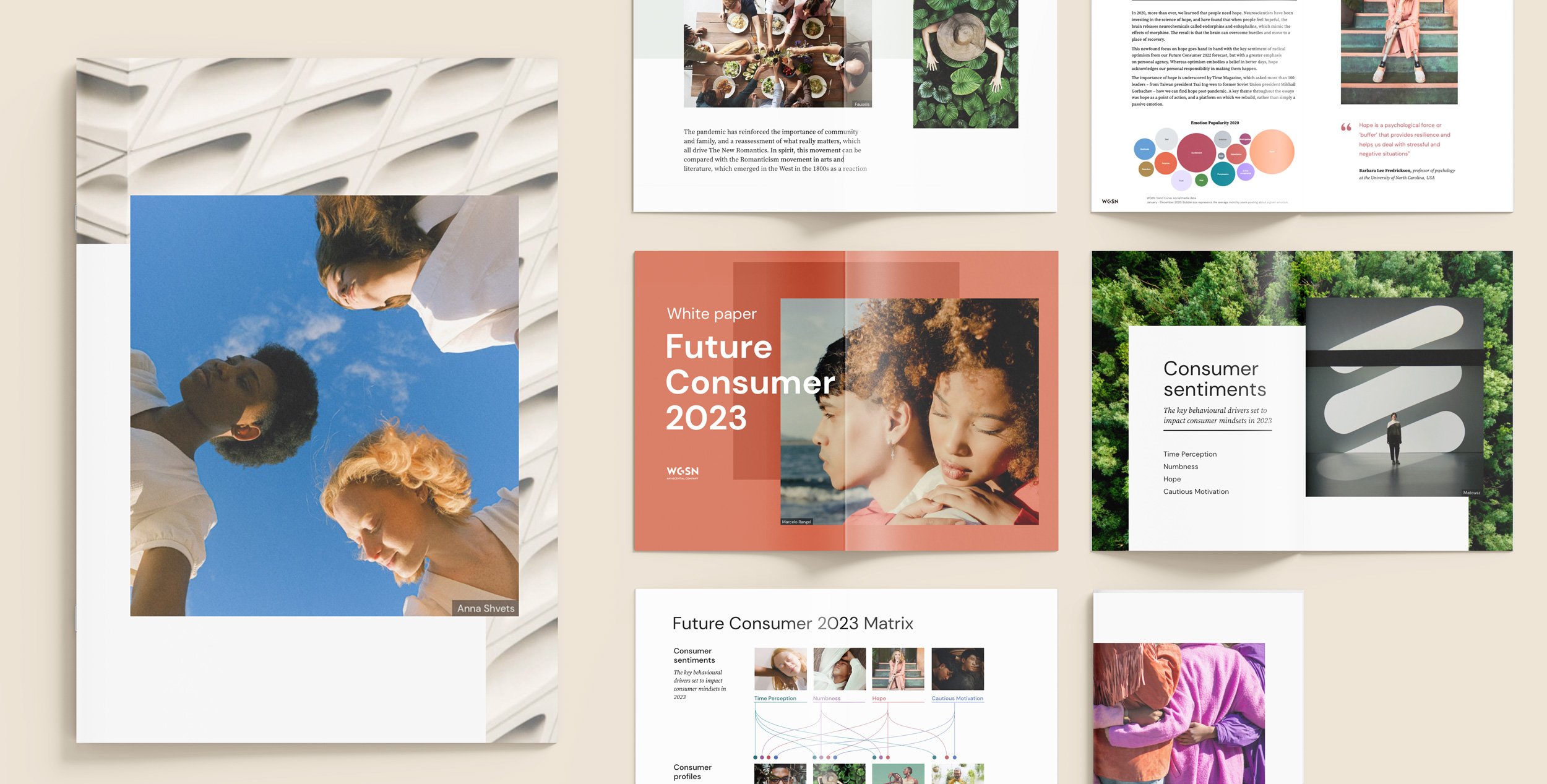 A collection of printed documents and photographs related to future consumer trends, featuring images of diverse groups of young people, nature, and modern design elements for presentations and reports.