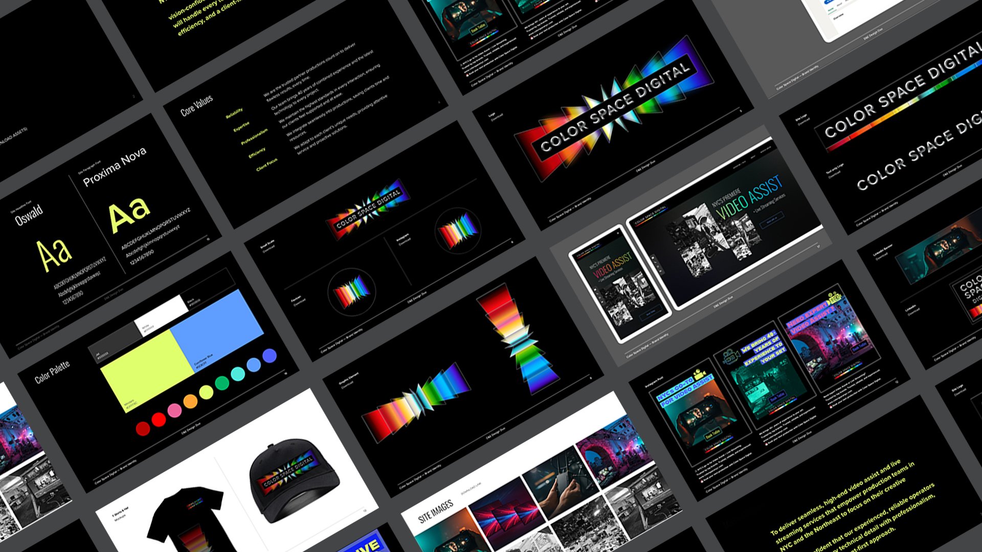 Collection of digital marketing slides showing vibrant color graphics, text about color space digital, and website layouts.
