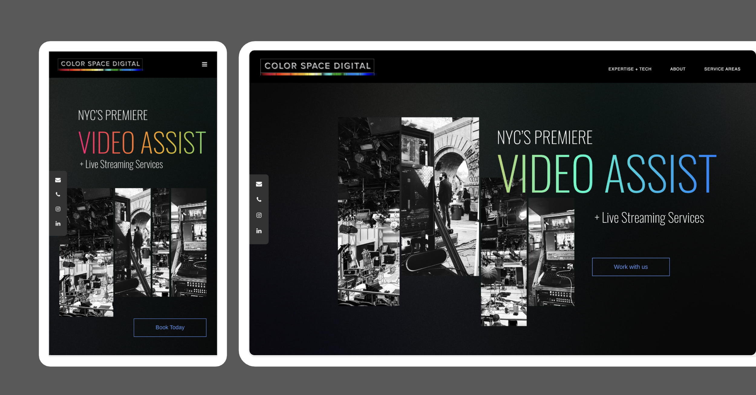 Comparison of two mobile website designs for 'Color Space Digital,' a video assistance company in NYC, with social media icons on the left and a 'Work with us' button at the bottom.