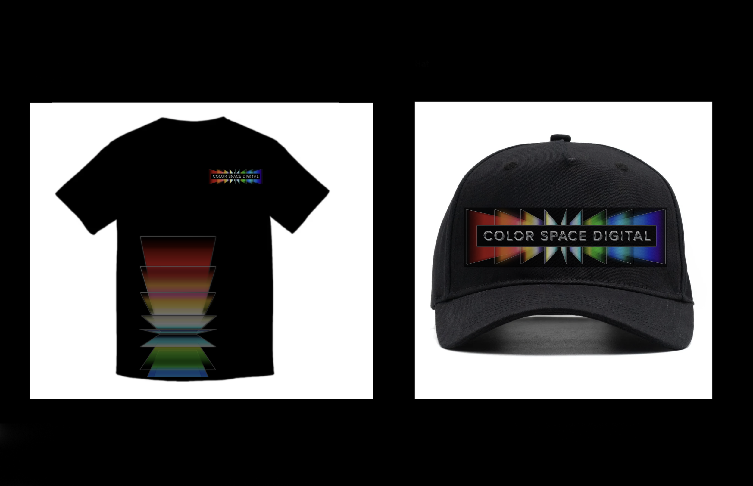 A black T-shirt with a colorful 'COLOR SPACE DIGITAL' logo across the chest and a black cap with the same logo