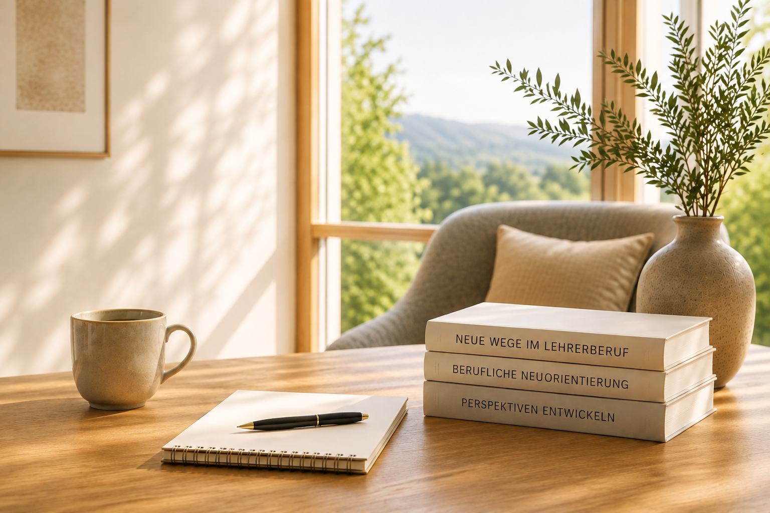 Ein Holztisch mit einem Notizbuch, einem schwarzen Kugelschreiber, einer weißen Tasse, vier Bücher mit Titeln in Deutsch, einer großen Vase mit Grünpflanze, im Hintergrund ein Fenster mit Blick auf Bäume und Berge.