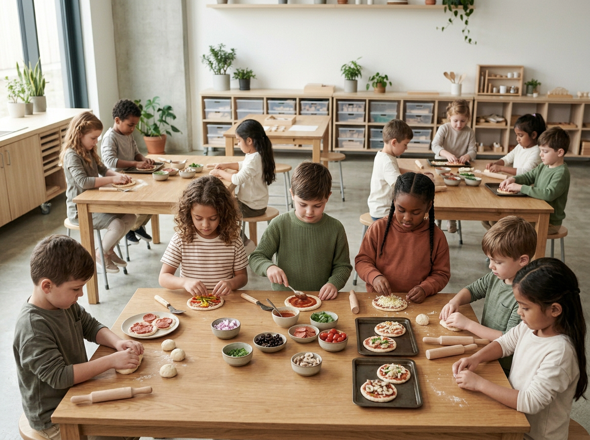 Children in a classroom preparing and decorating mini pizzas with various toppings.