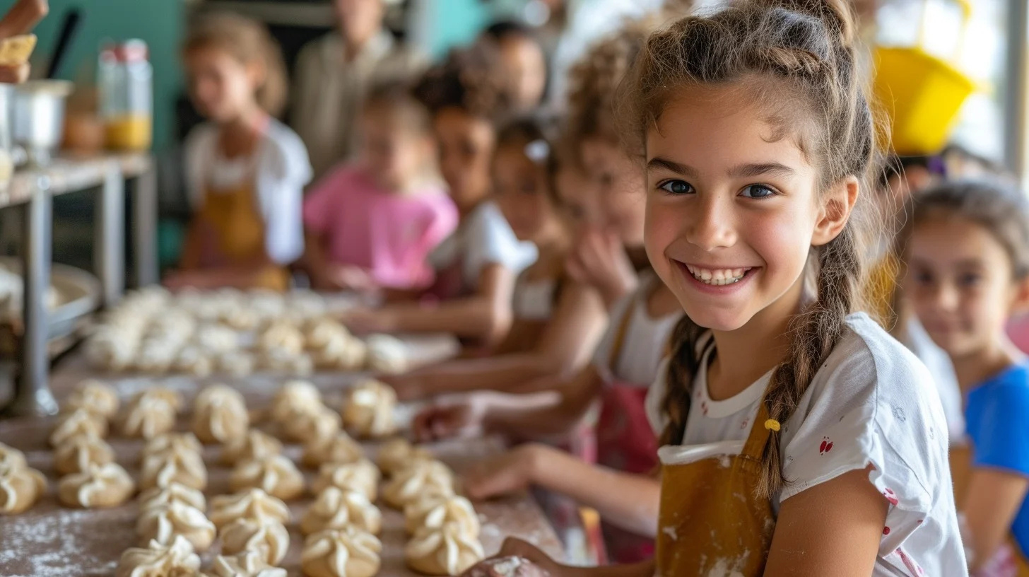 A group of young girls in a kitchen, some wearing aprons, making dumplings or similar dough items. The girl in the forefront has braided hair, is smiling, and is holding a beer mug.