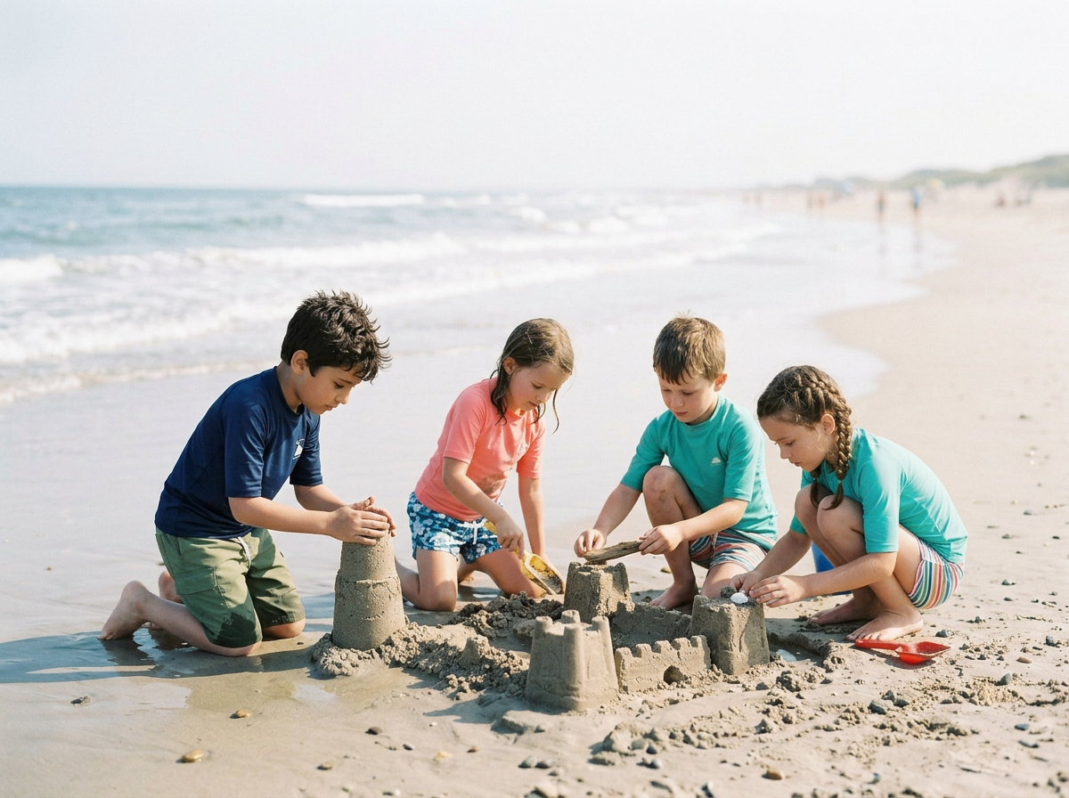 Four children building a sandcastle on the beach with the ocean in the background.