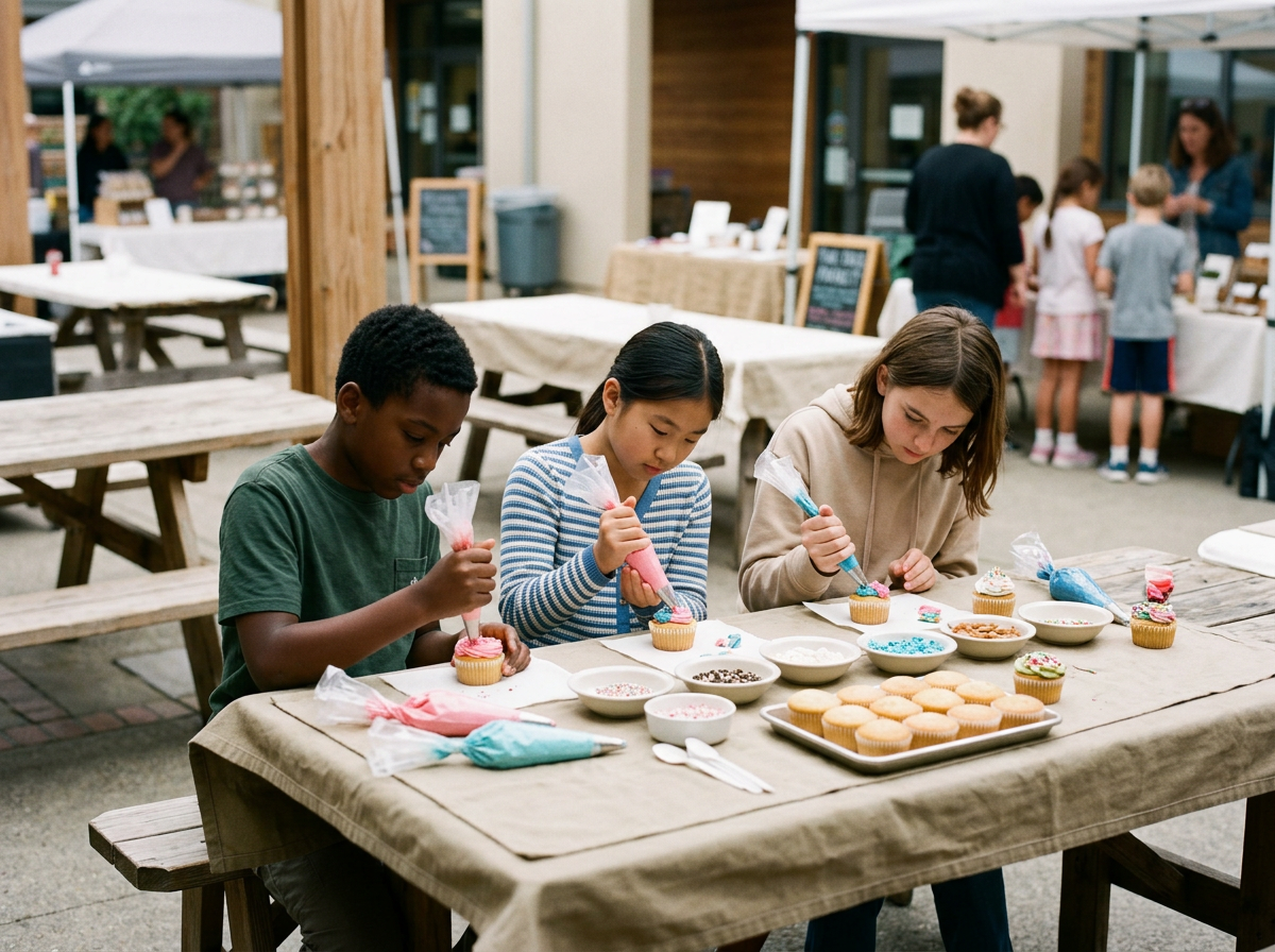 Three children decorating cupcakes at an outdoor event.
