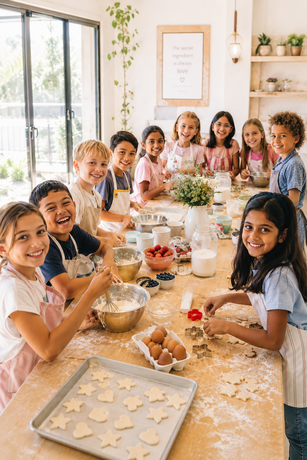 A group of children wearing aprons gathered around a kitchen table, baking and preparing cookies with various ingredients like eggs, flour, berries, and cookie cutters in a bright, cozy kitchen.