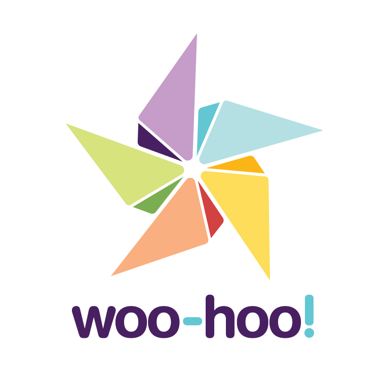 Colorful star-shaped graphic with the words "woo-hoo!" below.