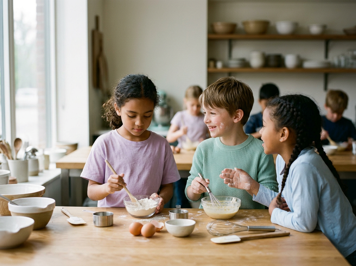 Children baking in a kitchen, mixing ingredients in bowls and smiling, with other children in the background.