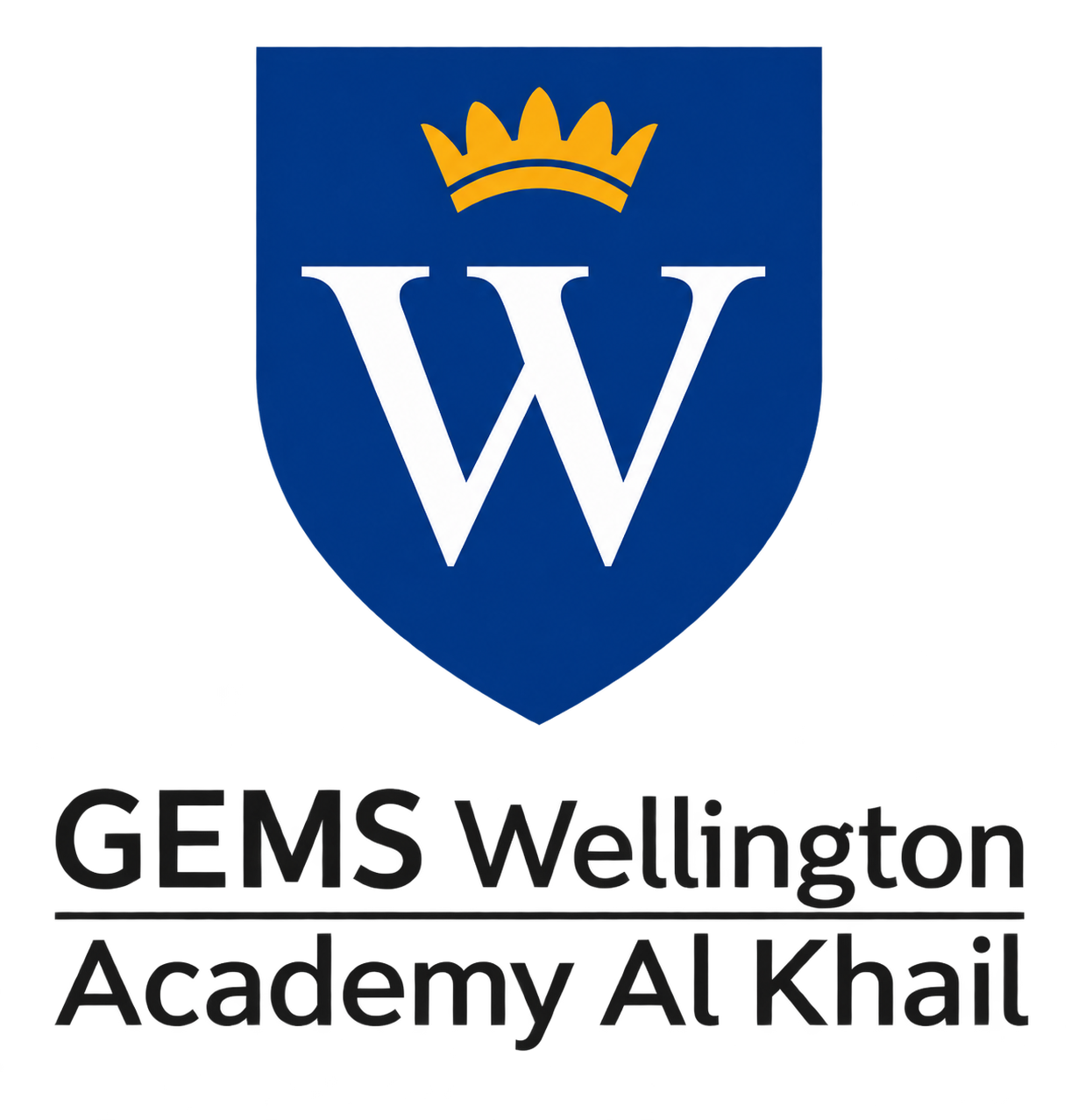 Logo of GEMS Wellington Academy Al Khail featuring a blue shield with a white letter W and a gold crown above it, with the school's name below.