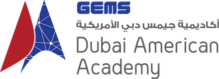 Logo of Dubai American Academy, featuring a stylized rocket or spacecraft with red and blue colors and Arabic and English text.