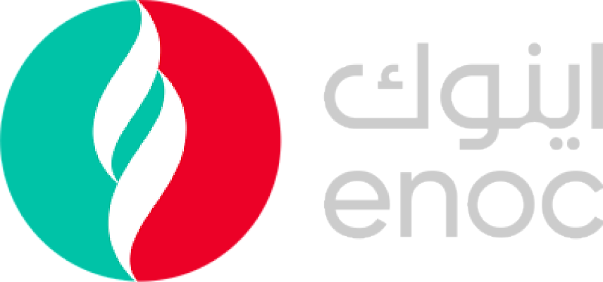 A logo featuring a teal and red circular design with a white flame shape in the center, and the word 'enoc' written in gray letters.